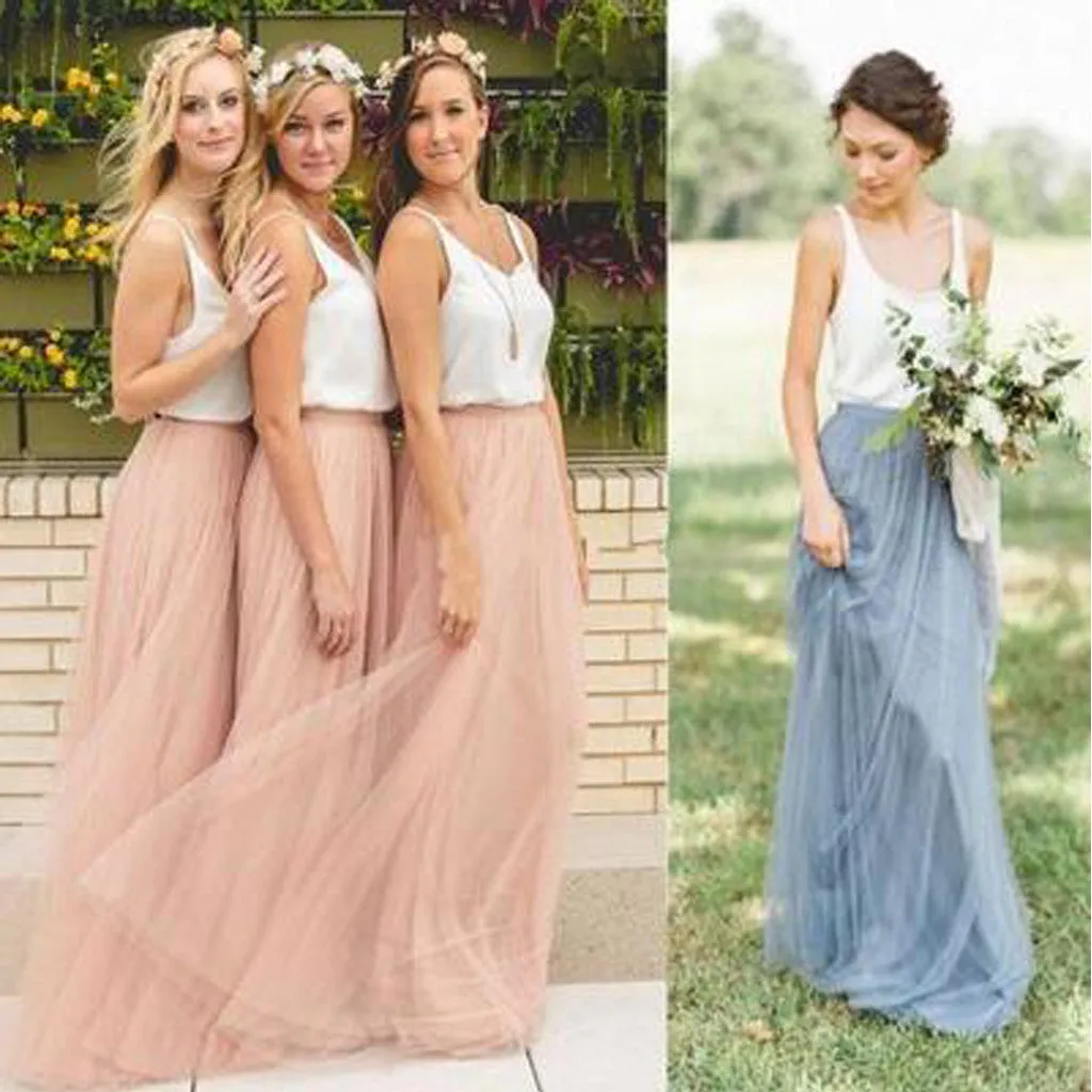 Cheap Junior Scoop Neck White Blush Pink Tulle Long Bridesmaid Dresses, BG51344
