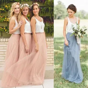 Cheap Junior Scoop Neck White Blush Pink Tulle Long Bridesmaid Dresses, BG51344