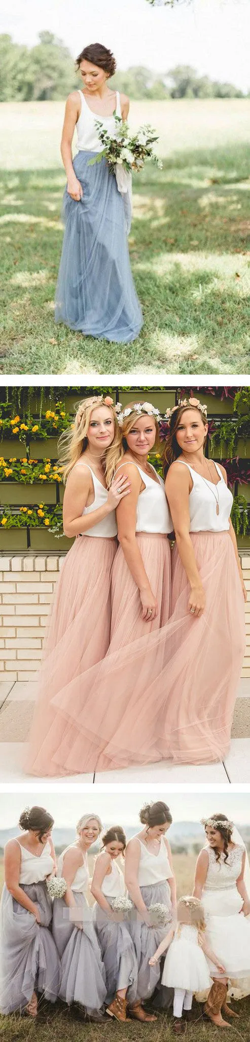 Cheap Junior Scoop Neck White Blush Pink Tulle Long Bridesmaid Dresses, BG51344