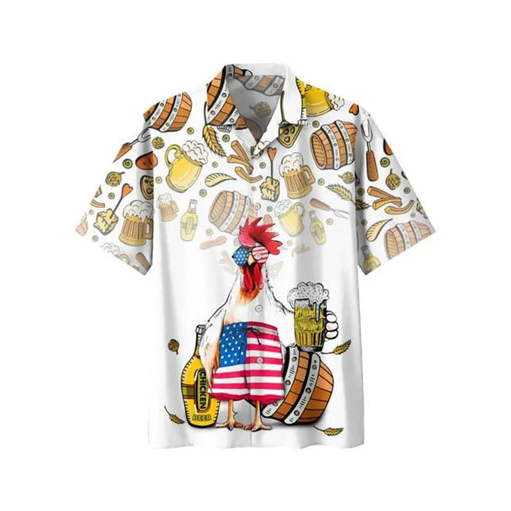 Chicken Drinking Beer Happy Beer Day Hawaiian Short Sleeve Shirt