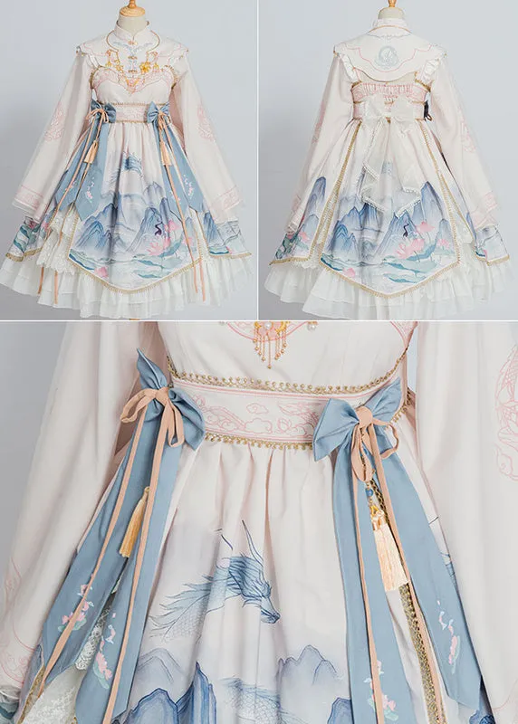 Chinese Style Lolita OP Dress White Polyester Long Sleeves Tassels Traditional Chinese Lolita One Piece Dresses