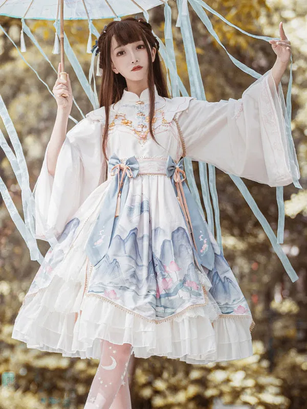 Chinese Style Lolita OP Dress White Polyester Long Sleeves Tassels Traditional Chinese Lolita One Piece Dresses