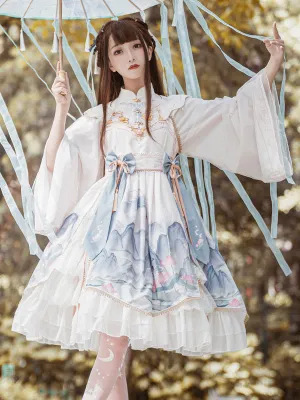 Chinese Style Lolita OP Dress White Polyester Long Sleeves Tassels Traditional Chinese Lolita One Piece Dresses