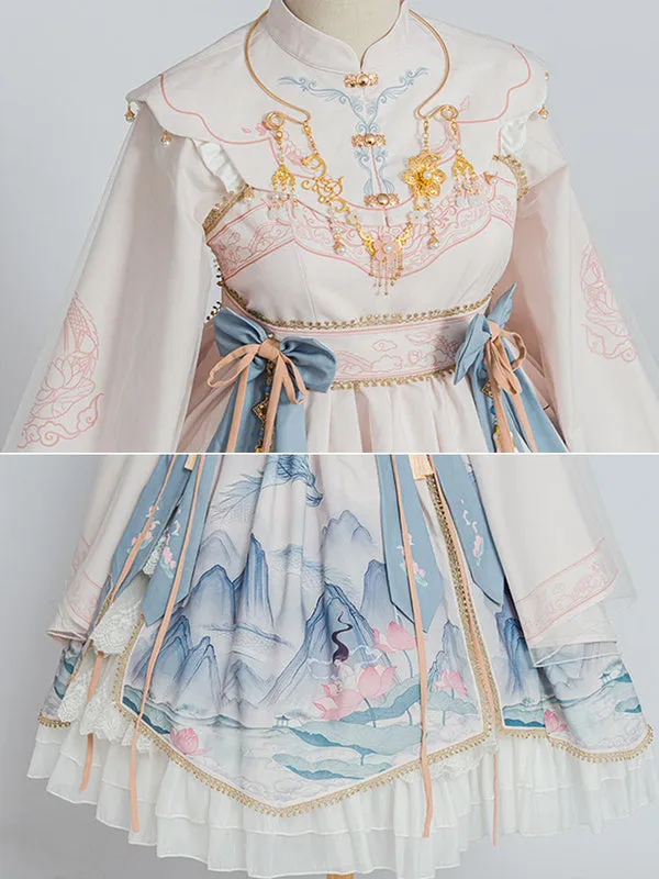 Chinese Style Lolita OP Dress White Polyester Long Sleeves Tassels Traditional Chinese Lolita One Piece Dresses