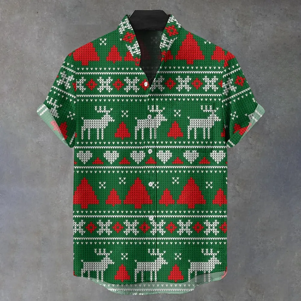 Christmas Mosaic Reindeer and Christmas Tree Short Sleeve Shirt 2411013493