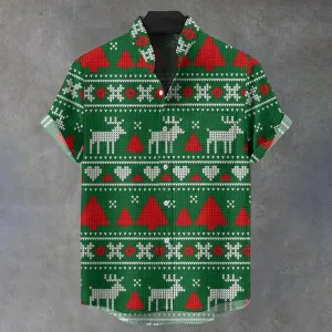 Christmas Mosaic Reindeer and Christmas Tree Short Sleeve Shirt 2411013493