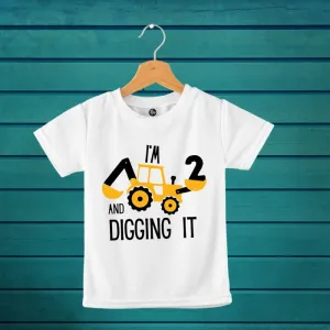 Construction Theme - I am 2 & Digging it Second Birthday T-Shirt for Kids