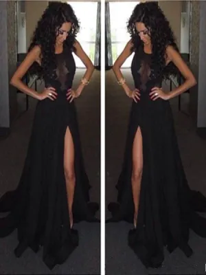 Custom Made A Line Round Neck Black Lace Prom Dresses, Black Lace Formal Dresses