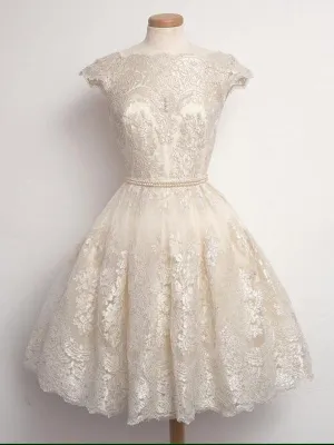 Custom Made Round Neck Cap Sleeves Short Ivory Lace Prom Dress, Short Lace Formal Dresses, Graduation Dress
