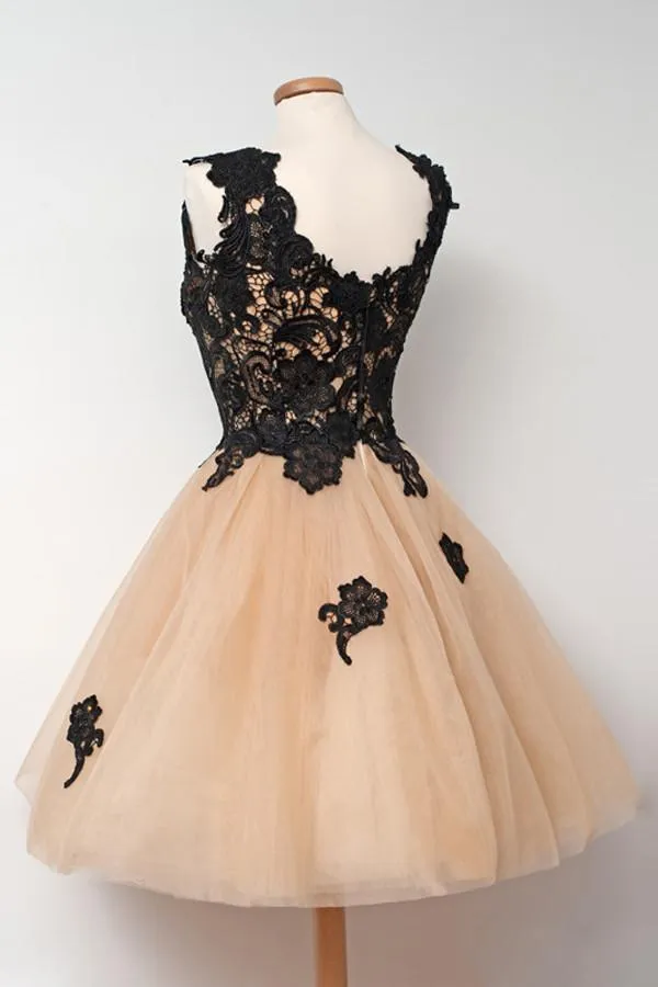 Custom Made Short Champagne Prom Dresses with Black Lace Appliques, Champagne Homecoming Dresses, Graduation Dresses