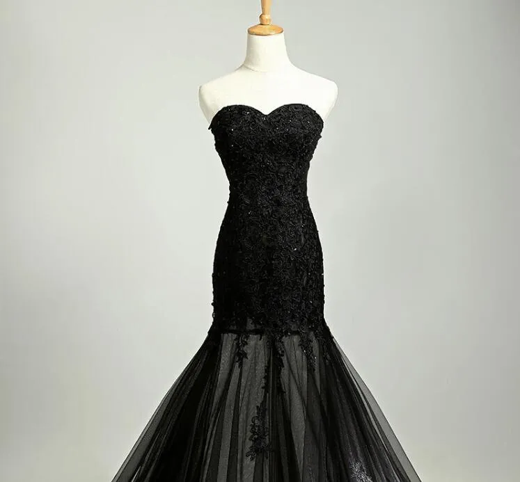 Custom Made Sweetheart Neck Mermaid Black Lace Prom Dresses with Sweep Train, Black Lace Formal Dresses