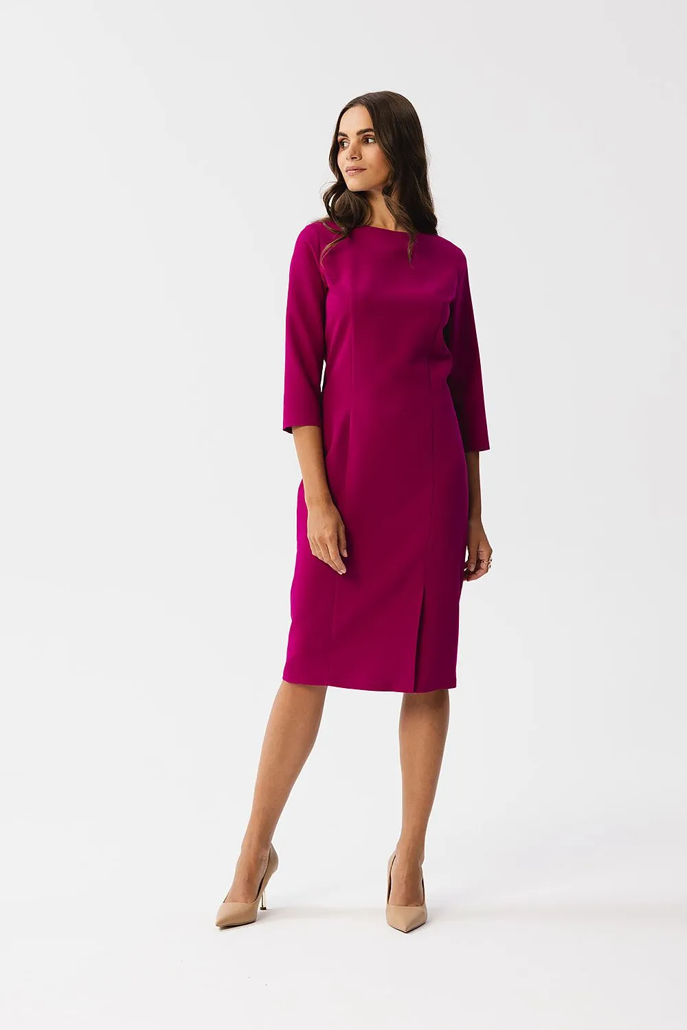 Day dress Polyester Business Classic Tailored 3/4 Sleeve Slit Knee-Length Dress