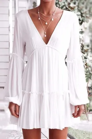 Deep V Neck Lantern Long Sleeve Dress