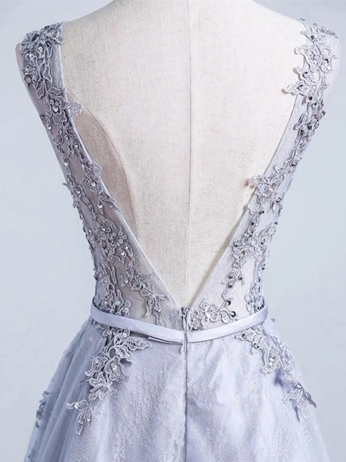 Dusty Blue Appliqued Lace Backless Sleeveless Prom Dress, Dusty Blue Appliqued Lace Formal Evening Dress