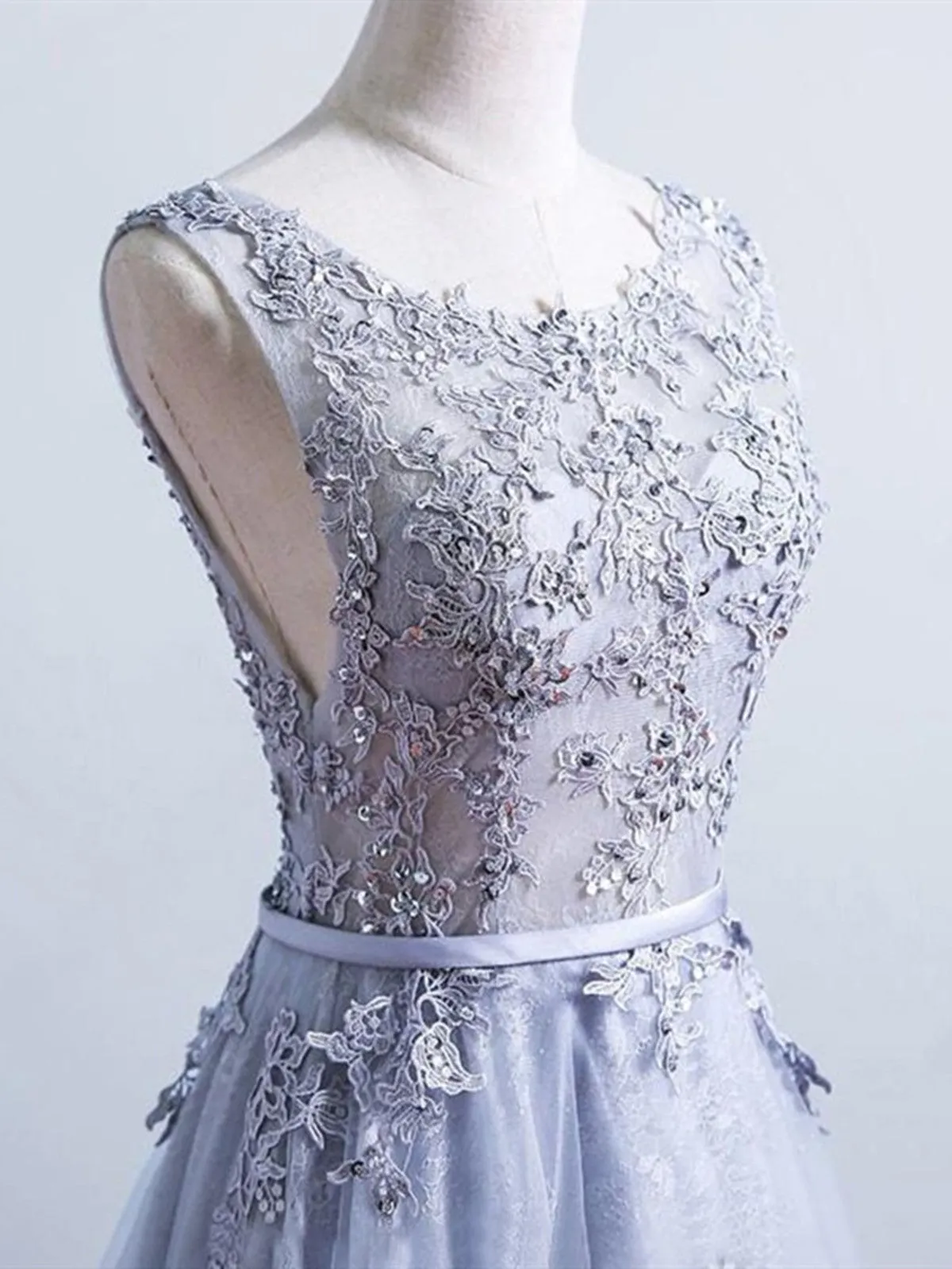 Dusty Blue Appliqued Lace Backless Sleeveless Prom Dress, Dusty Blue Appliqued Lace Formal Evening Dress