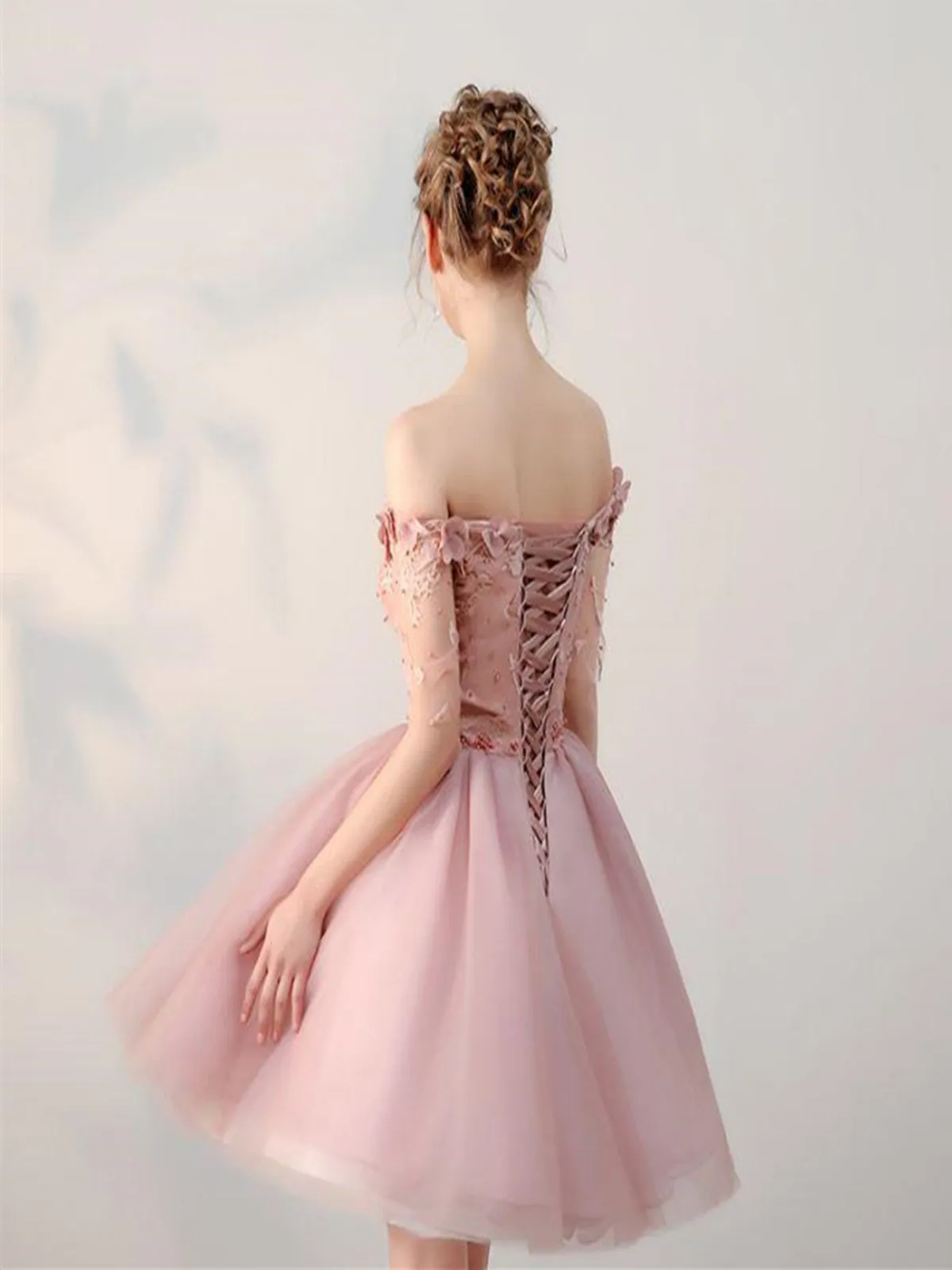Dusty Pink Off Shoulder Short Sleeves Cheap Homecoming Dress, Dusty Pink Off Shoulder Short Sleeves Prom Dress