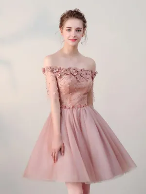 Dusty Pink Off Shoulder Short Sleeves Cheap Homecoming Dress, Dusty Pink Off Shoulder Short Sleeves Prom Dress