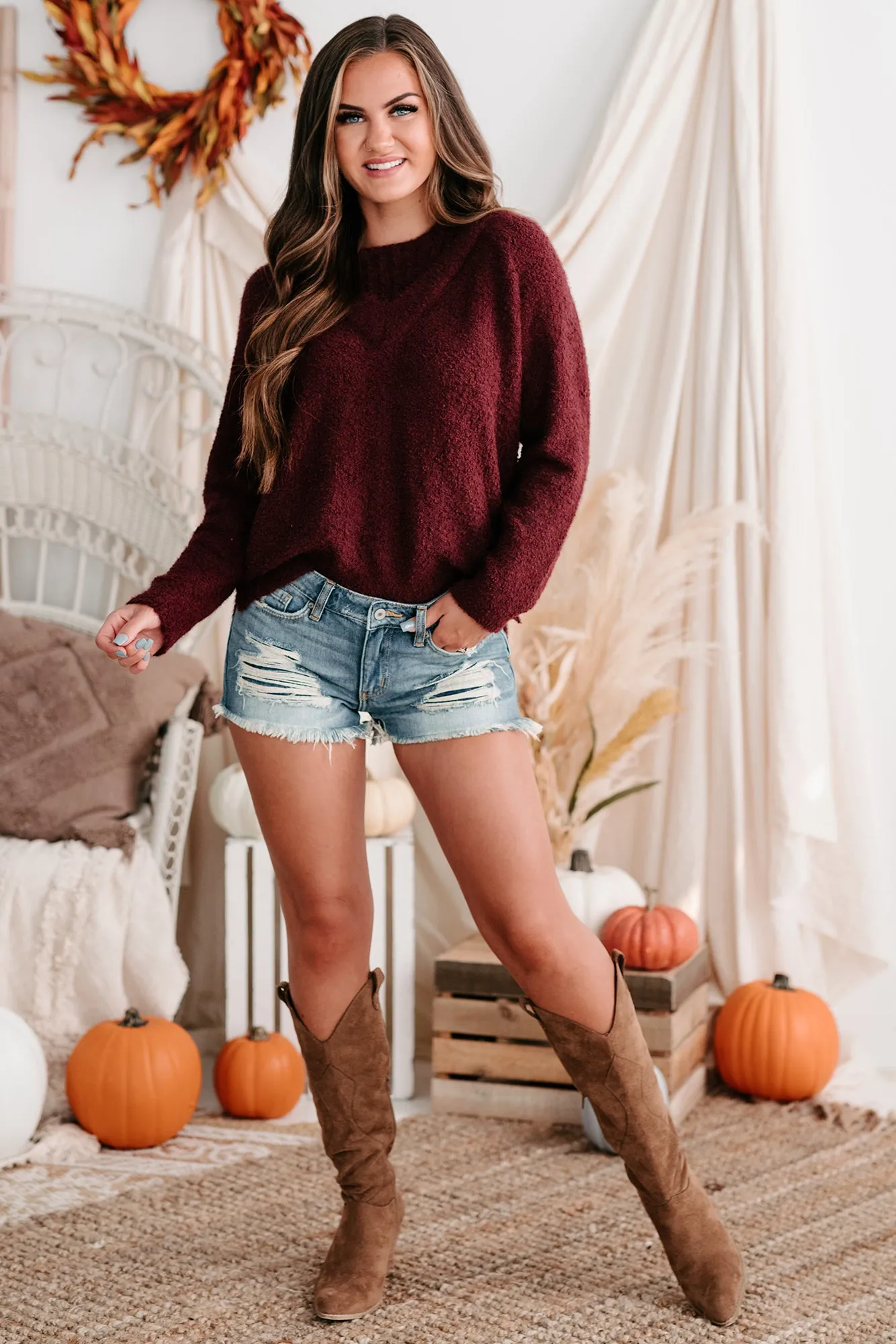 Easygoing Nature Textured Cold Shoulder Sweater (Plum)