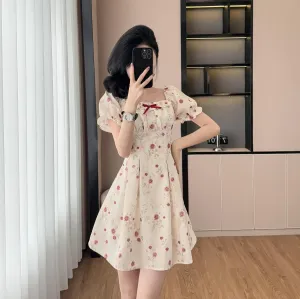 Elastic-Waisted Mini Summer Dress with Bow Tie Neckline and Pleated Details