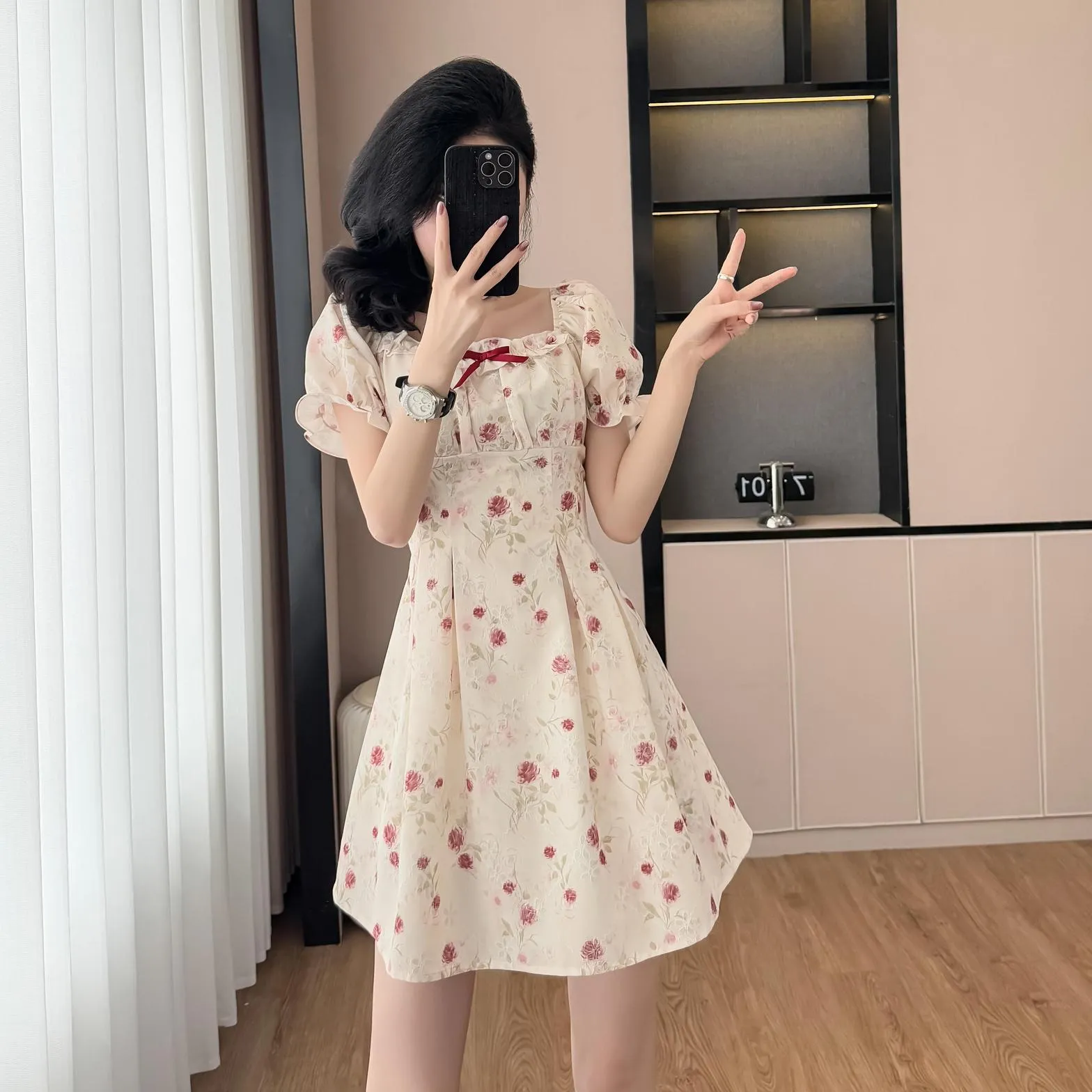 Elastic-Waisted Mini Summer Dress with Bow Tie Neckline and Pleated Details