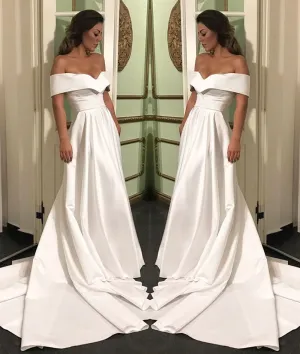 Elegant Off Shoulder White Satin Long Prom Dresses, White Off Shoulder Wedding Dresses, White Formal Dresses
