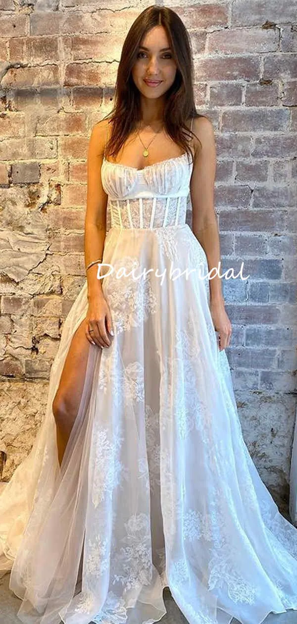 Elegant Spaghetti Straps Lace Backless Slit Wedding Dresses, FC5867