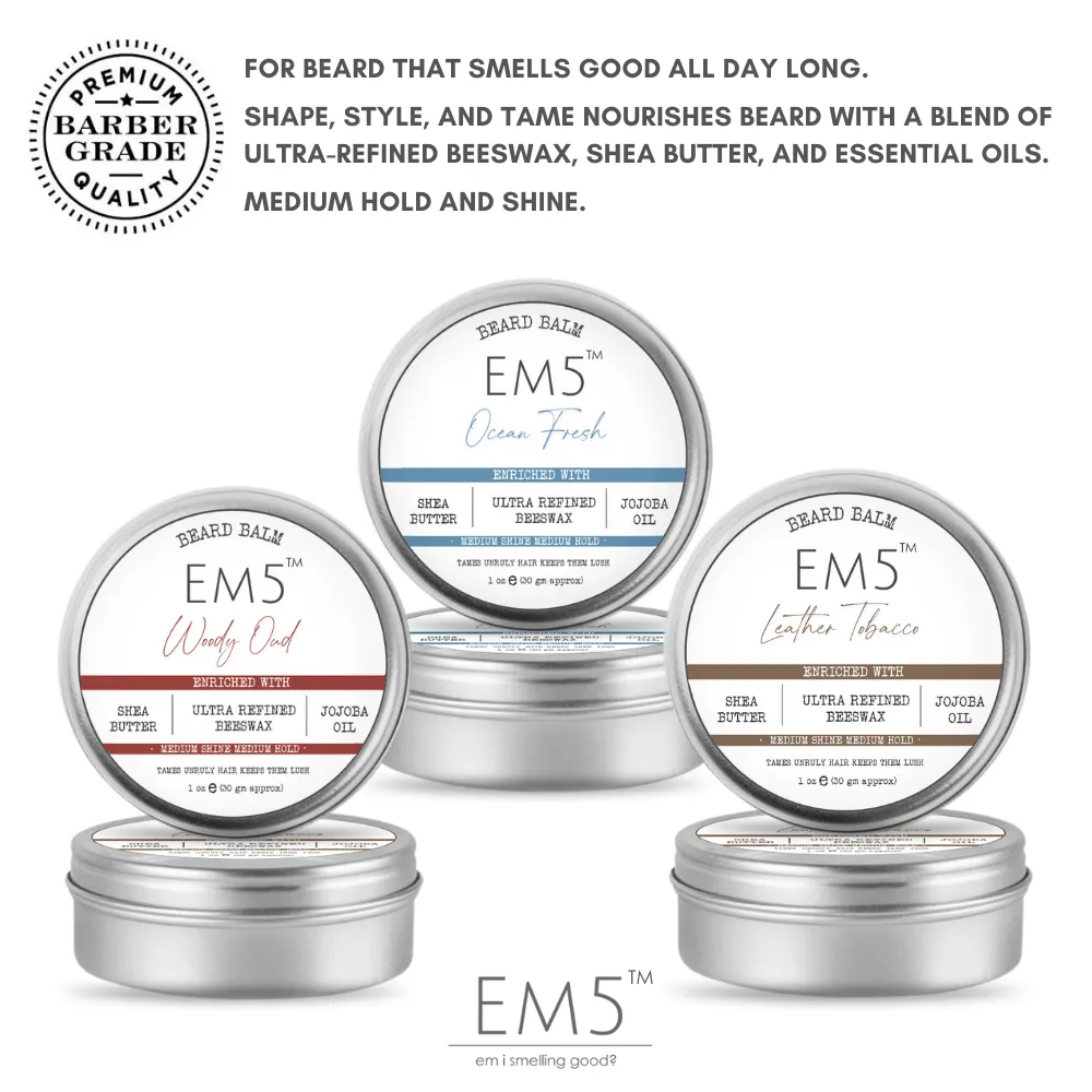 EM5™ Natural Organic Beard Balm | EM5's Natural Organic Beard Balm | Medium Hold - Shine | BeesWax, Shea Butter, Jojoba Oil, Essential Oils (Combo of 3)