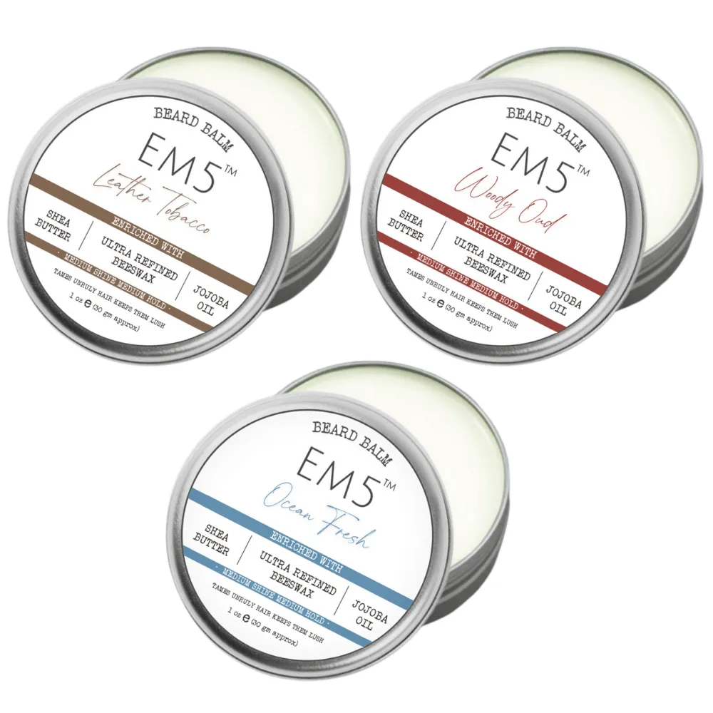 EM5™ Natural Organic Beard Balm | EM5's Natural Organic Beard Balm | Medium Hold - Shine | BeesWax, Shea Butter, Jojoba Oil, Essential Oils (Combo of 3)