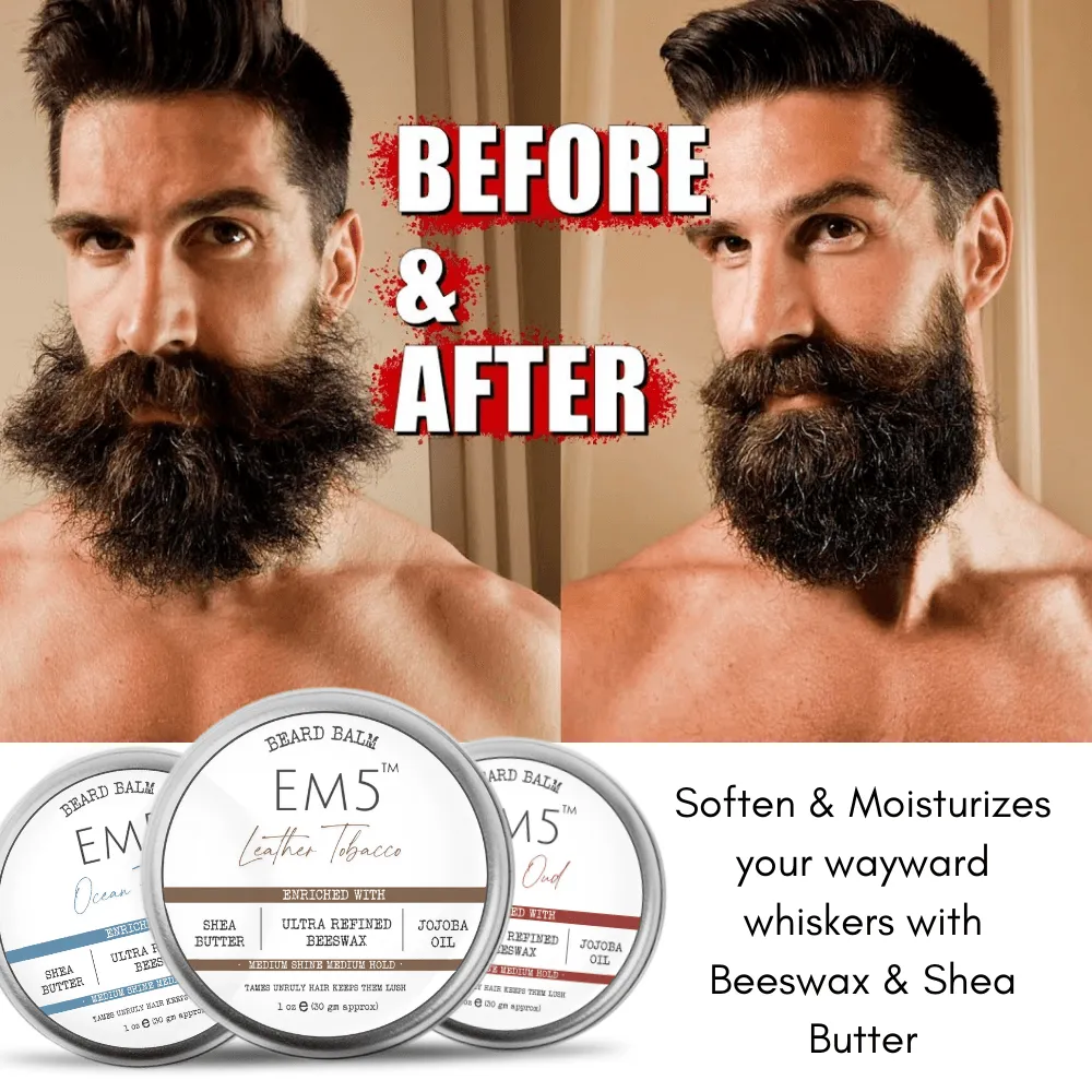 EM5™ Natural Organic Beard Balm | EM5's Natural Organic Beard Balm | Medium Hold - Shine | BeesWax, Shea Butter, Jojoba Oil, Essential Oils (Combo of 3)