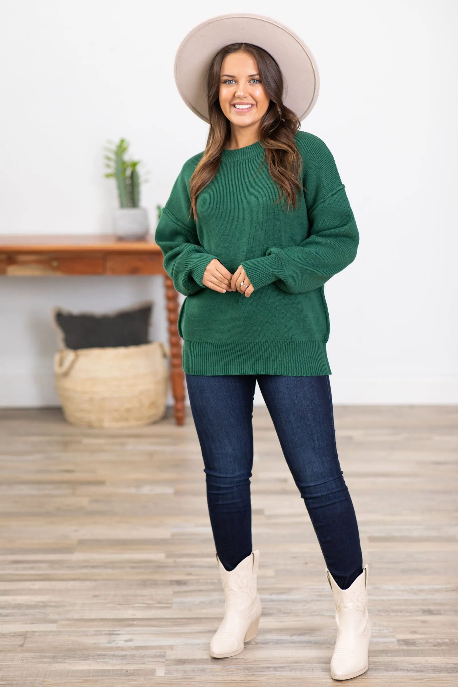 Emerald Drop Shoulder Ribbed Trim Sweater