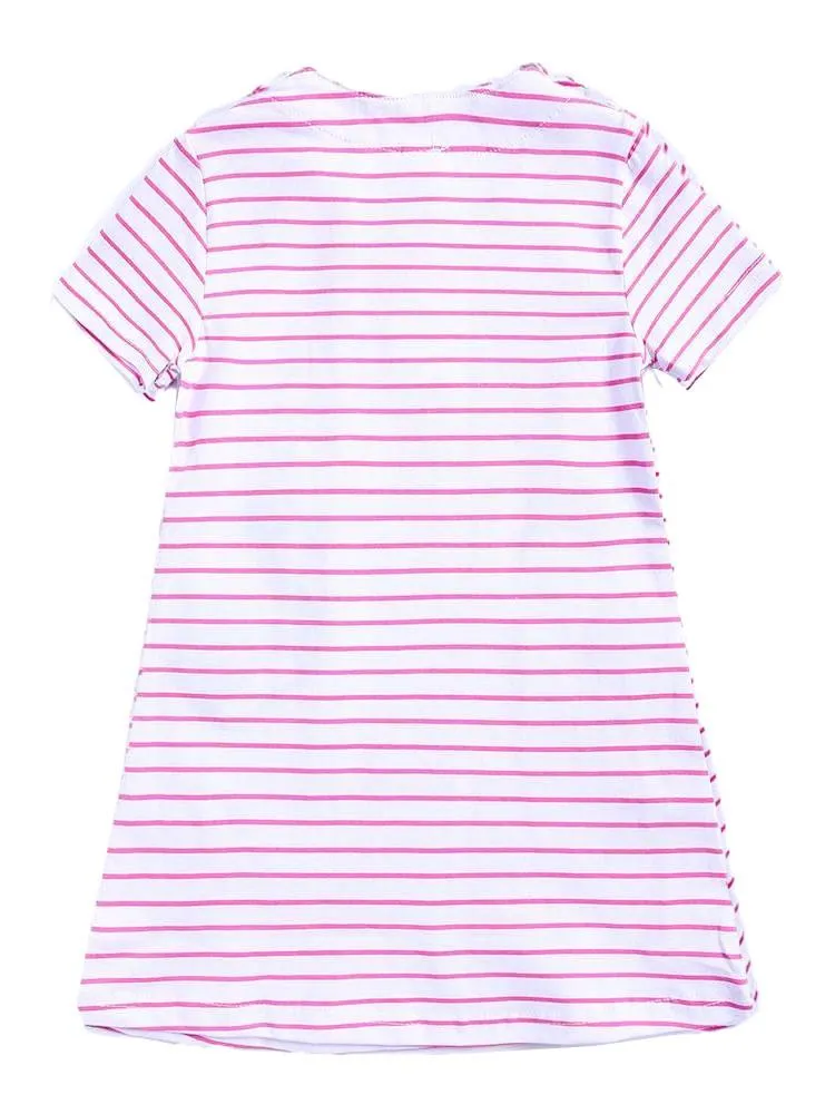 Fantastic Flamingos - Girls Short Sleeve Striped Pink & White Dress