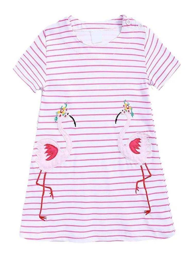 Fantastic Flamingos - Girls Short Sleeve Striped Pink & White Dress