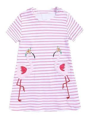 Fantastic Flamingos - Girls Short Sleeve Striped Pink & White Dress