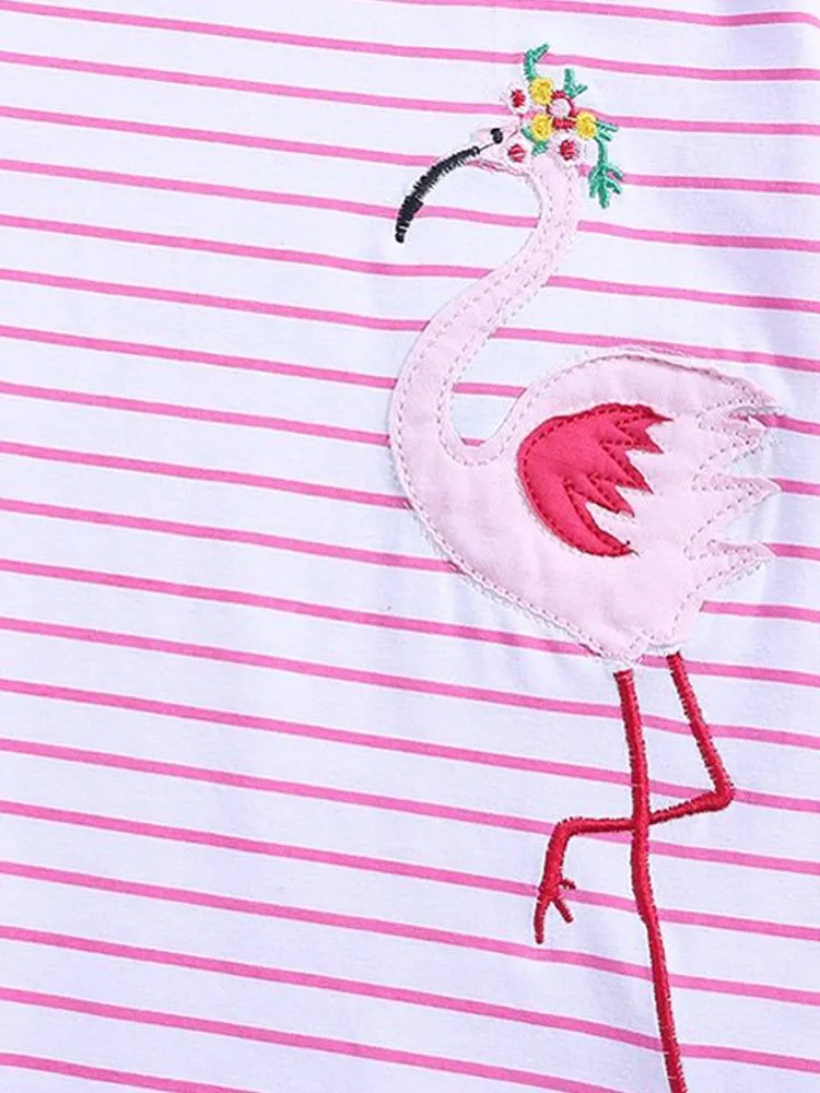 Fantastic Flamingos - Girls Short Sleeve Striped Pink & White Dress