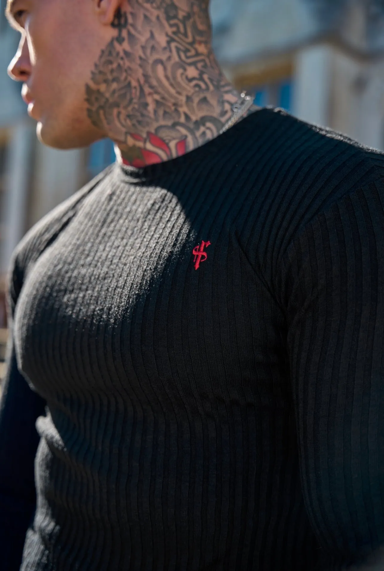 Father Sons Classic Black / Red Ribbed Knit Crew Jumper - FSH764