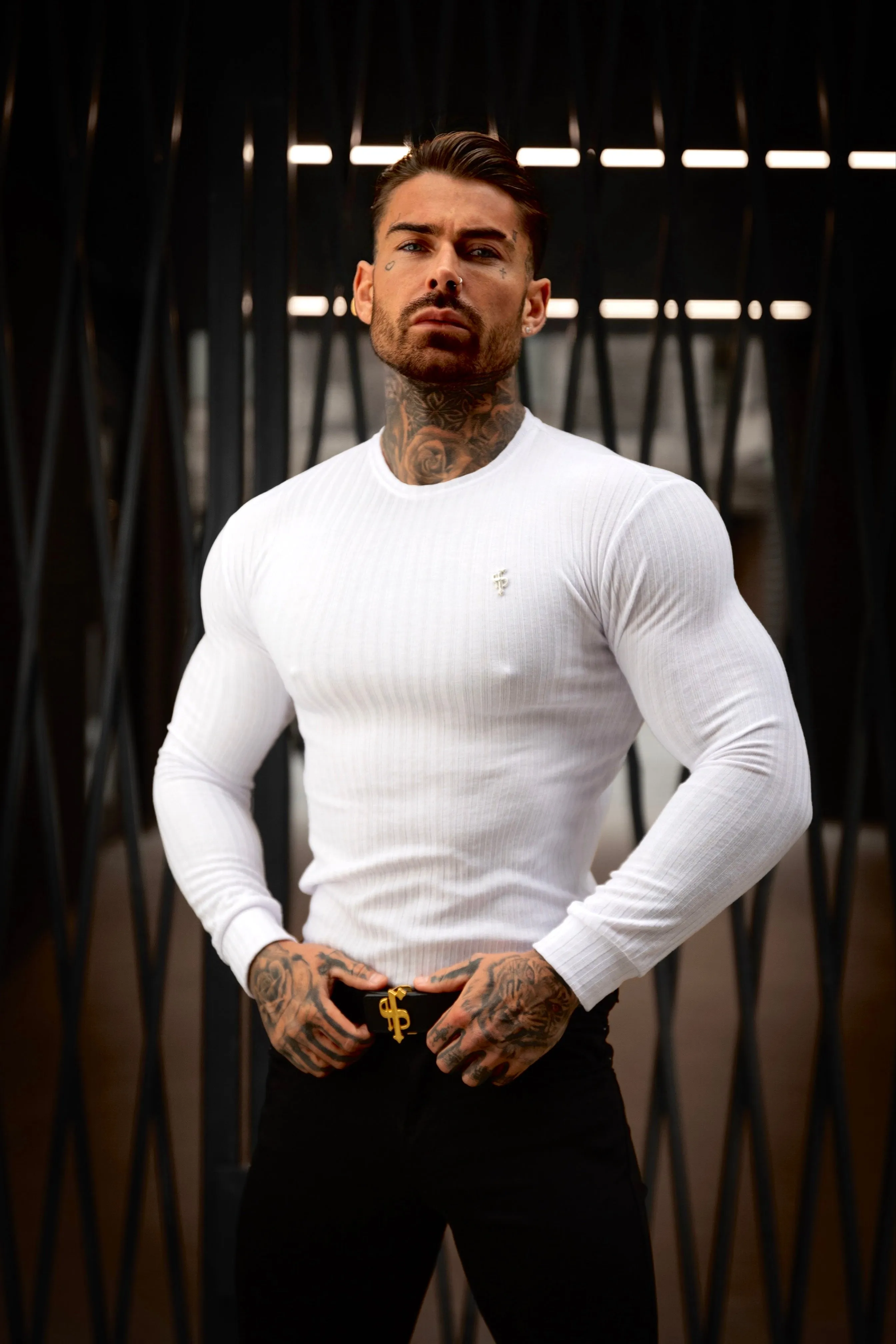 Father Sons Classic White Ribbed Knit Jumper With Silver Metal Emblem - FSH943