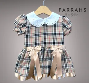 Girls Gold tartan bow dress