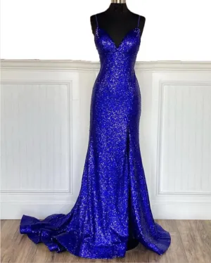 Glitter Royal Blue 2024 Sequins Prom Dresses Regency Backless Mermaid Formal Dress
