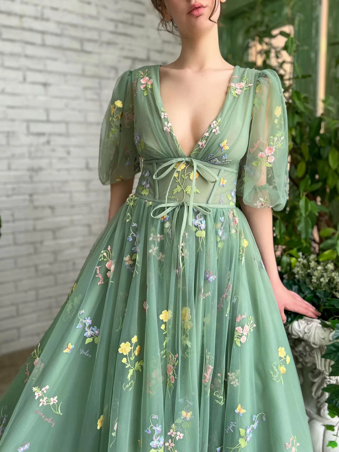 Green v neck tulle lace long prom dress green tulle formal dress