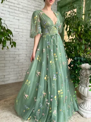 Green v neck tulle lace long prom dress green tulle formal dress