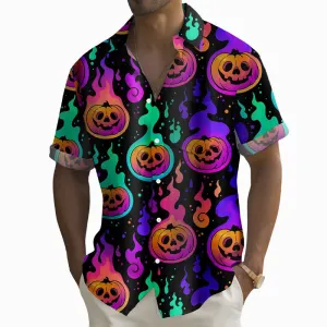 Halloween Pumpkin Flame 3D Digital Print Short Sleeve Shirt 2409000891