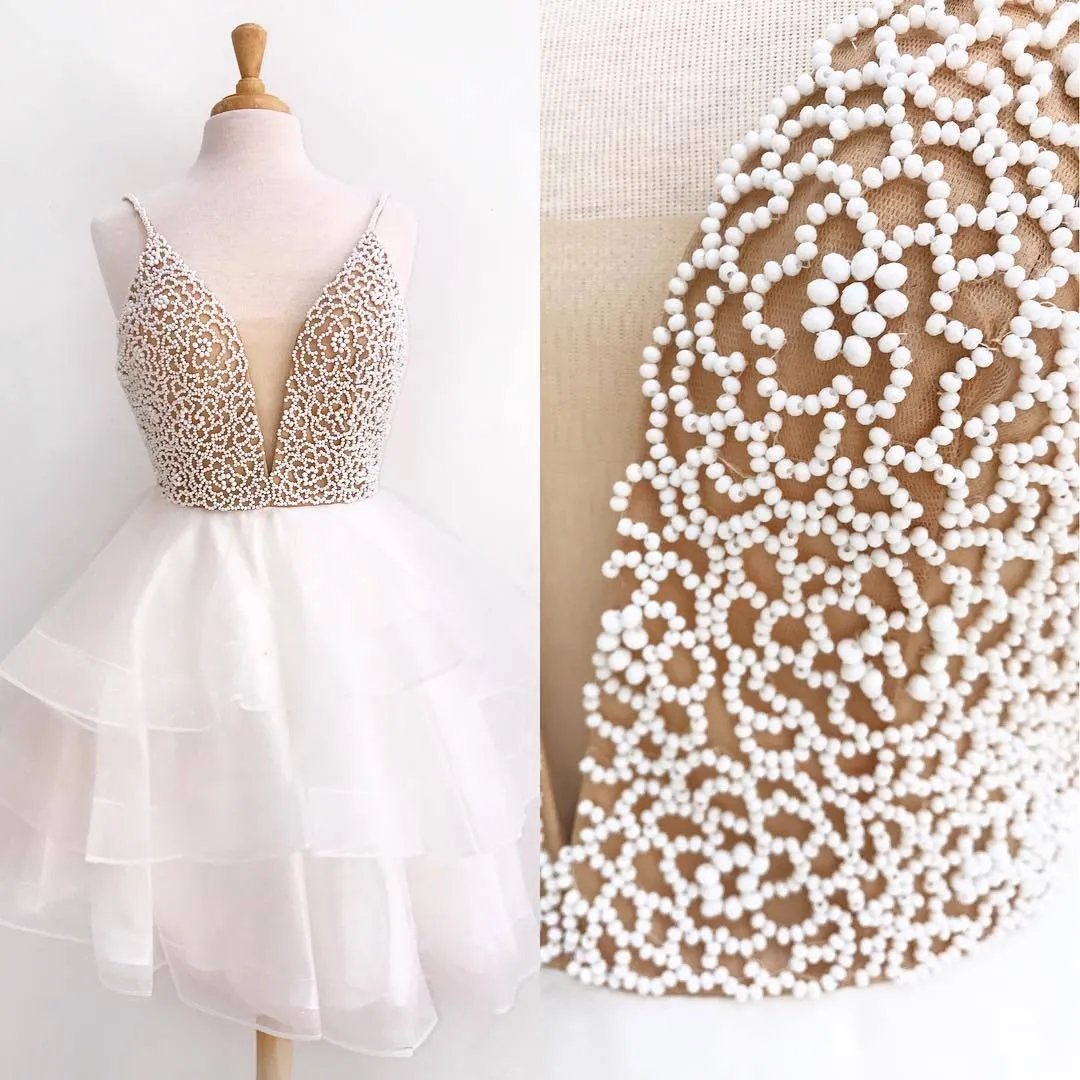 Ivory Sexy V Neck Beaded Cute Homecoming Dresses 2018, BDY0191