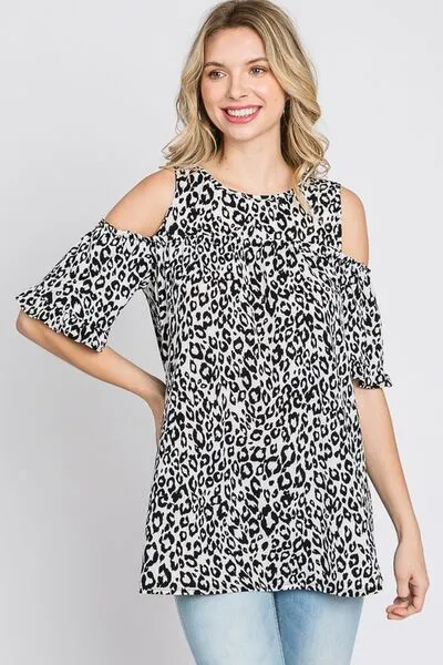 Ivory/Black Leopard Round Neck Cold Shoulder T-Shirt Plus Size