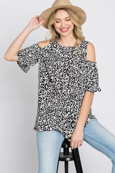 Ivory/Black Leopard Round Neck Cold Shoulder T-Shirt Plus Size