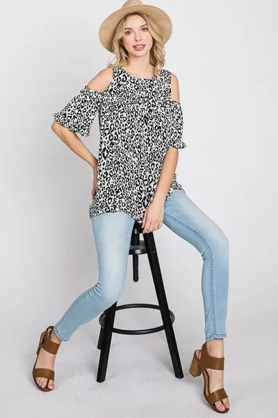 Ivory/Black Leopard Round Neck Cold Shoulder T-Shirt Plus Size