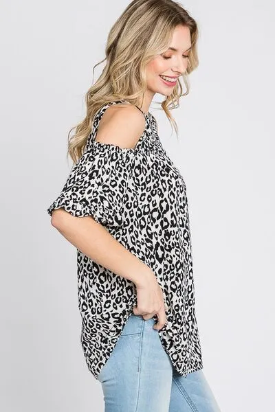 Ivory/Black Leopard Round Neck Cold Shoulder T-Shirt Plus Size