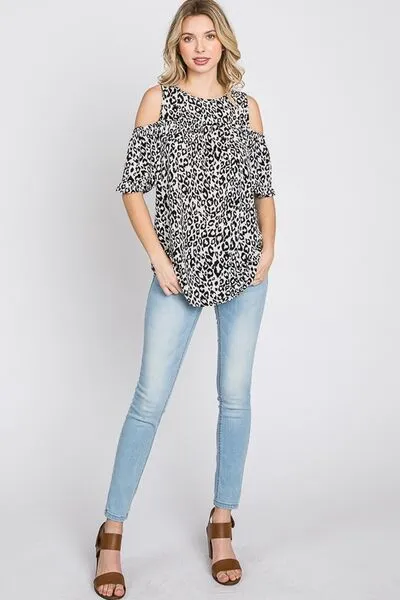 Ivory/Black Leopard Round Neck Cold Shoulder T-Shirt Plus Size