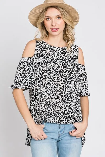 Ivory/Black Leopard Round Neck Cold Shoulder T-Shirt Plus Size