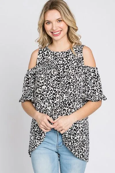 Ivory/Black Leopard Round Neck Cold Shoulder T-Shirt Plus Size