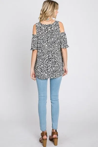 Ivory/Black Leopard Round Neck Cold Shoulder T-Shirt Plus Size
